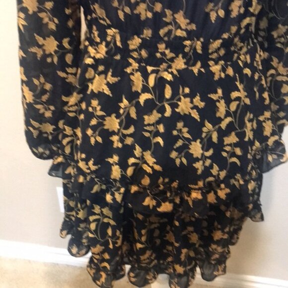 Black & Gold Floral Long Puffed Sleeve Dress Elastic Waist Layered Ruffle Hem-L - Picture 6 of 14